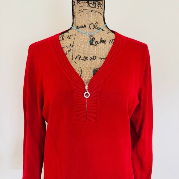 Cable & Gauge Women Red Rhinestone Quarter Zip V Neck Long Sleeve Sweater Large - Picture 2 of 10